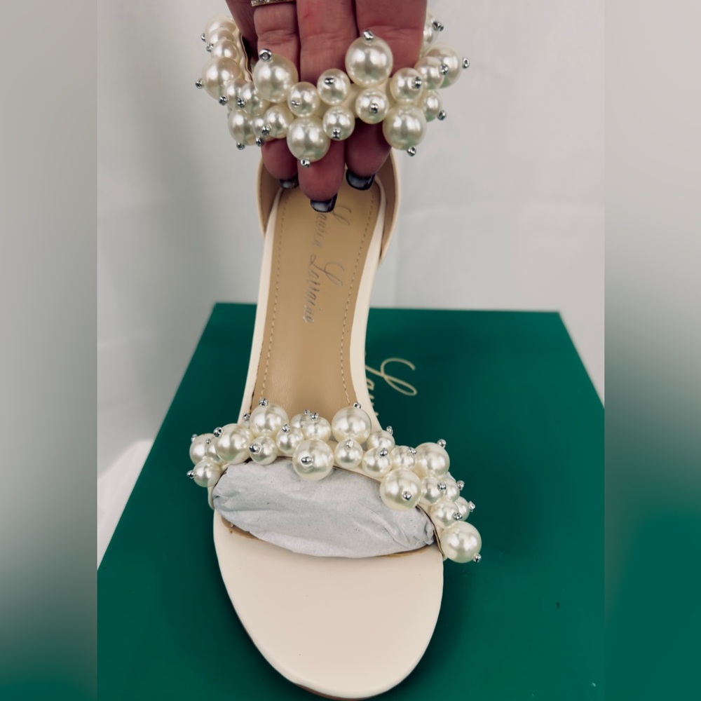 LAUREN LORRAINE FIESTA PEARL EMBELLISHED ANKLE WRAP DRESS HEELS US. 7 & 8    NWT - Picture 7 of 14